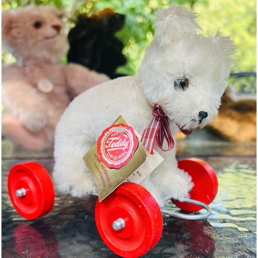 Vintage German Hermann Teddy Bear on Wheels Tags Safety Eyes Nose Blond - Picture 6 of 7